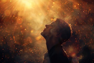 Wall Mural - Young man praying in the smoke on the background of the rays of the sun. Worship.