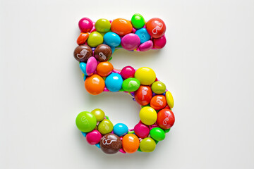 Poster - The number FIVE is made with multi-colored chocolate balls isolated on a white background. Number five made with star shape candies. Big number five made of candies isolated on white.