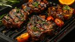 Sizzling grilled lamb chops seasoned with delicious BBQ spices and accompanied by tomatoes are showcased in a mouthwatering close-up