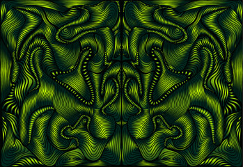 Wall Mural - Bright psychedelic symmetrical trippy fractal mandala, gradient green lime color background. 3D effect. Stylish card.