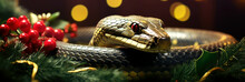 New Year Banner With Snake On Christmas Background With Bokeh Effect