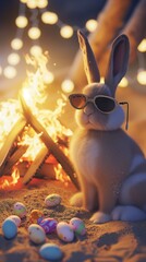 Wall Mural - A cool Easter Bunny with vintage aviator sunglasses, sitting next to a beach bonfire, with Easter eggs arranged in the warm sand.