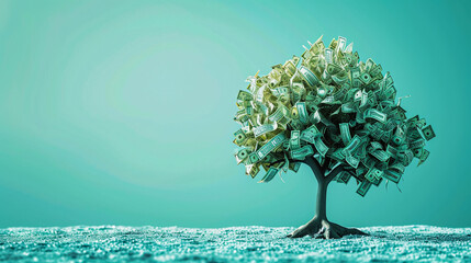 Money Blossoms: Illustration of an Isolated Tree Formed by Leaves Crafted from Currency, Symbolizing Financial Growth and Abundance