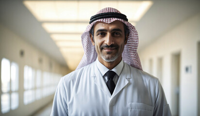 Confident Old Saudi-Arabian Male Doctor or Nurse in Clinic Outfit Standing in Modern White Hospital, Looking at Camera - Professional Medical Portrait, Copy Space, Design Template, Healthcare Concept