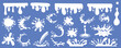 © alexdndz - Milk stain mega set in cartoon graphic design. Bundle elements of splashing white borders with drops, dripping yogurt liquids, round blots, flowing wavy shapes. Vector illustration isolated objects