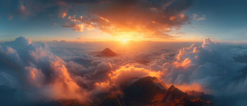 Panorama of Sunrise at volcano Bromo, Java island, Indonesia. Panoramic aerial view,generative ai