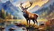 Oil painting of wild deer, beautiful mountain landscape and forest on backdrop.