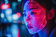 © ADDICTIVE STOCK - Futuristic facial recognition on woman with neon lights Generative AI image