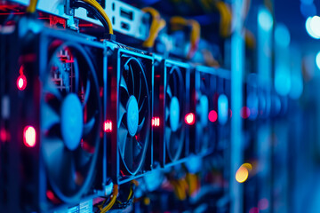 Poster - close-up of a cryptocurrency mining farm. The farm is large and efficient, and there are other farms in the background