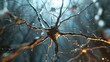 In the image, there is a network of neurons with light shining through them. The background is blue and the lighting is dark, creating a dramatic effect.