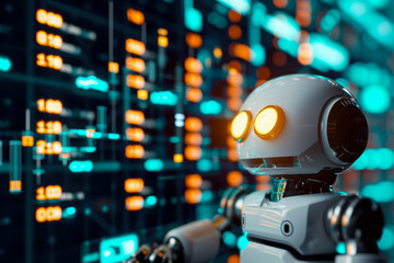 Poster - close-up of a cryptocurrency trading bot. The bot is efficient and profitable, and there are other bots in the background