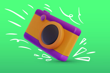 Fototapete - Colorful photo camera with doodle elements in bright cartoon 3d style. Cute modern minimal vector illustration. Creative fashion composition.