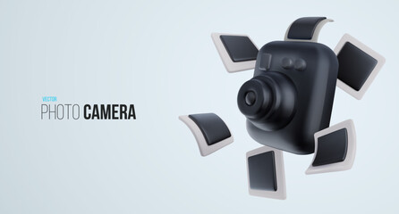 Fototapete - Realistic fashion photo camera with flying photos in bright cartoon 3d style. Cute modern minimal vector illustration. Creative art composition for background.