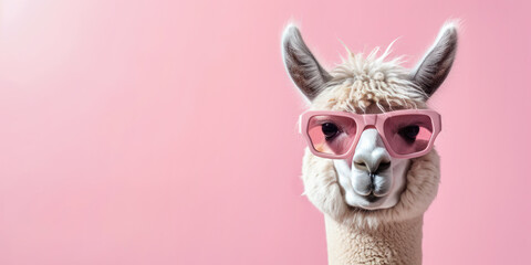 Wall Mural - Funny alpaca wearing in pink sunglasses on pink background with copy space.