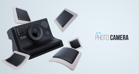 Fototapete - Realistic fashion photo camera with flying photos in bright cartoon 3d style. Cute modern minimal vector illustration. Creative art composition for background.