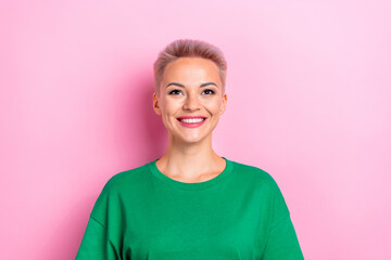 Wall Mural - Portrait of cute cheerful girl beaming smile look up empty space fantasize isolated on pink color background