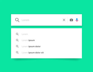 Poster - Search Bar with suggestions for UI UX design and web site. Search Address and navigation bar icon. Collection of search form templates for websites. Search engine web browser window template.