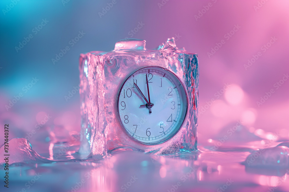Time Freezing Clock Alarm clock in ice cube, frozen time. Stopping the time concept, freeze ...