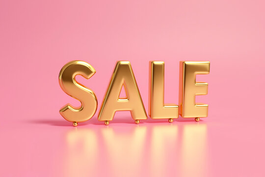 Word SALE made of gold on pink background. Discount and advertisement, shopping sign for Black Friday Sale, special offer, copy space