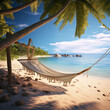 Illustration, tropical climate, hammock on the seashore, sand, palm trees