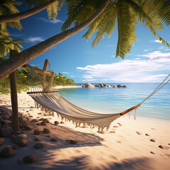 Wall Mural - Illustration, tropical climate, hammock on the seashore, sand, palm trees