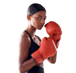 Wall Mural - Boxing, fitness and portrait of woman with gloves for sports exercise, strong muscle and mma training. Fight, boxer workout and serious person for battle on png, isolated and transparent background