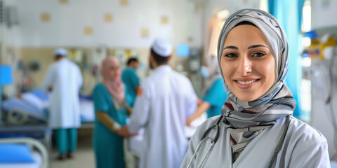 Poster - Smiling Middle eastern female hospital nurse looking at the camera at a middle eastern clinic