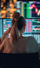 back view of professional female trader looking at monitor with stock exchange graph or chart, woman trading forex or cryptocurrency