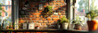 Brick Wall with Green Plant Decor, Vintage and Natural Design Texture, Architectural Background Concept