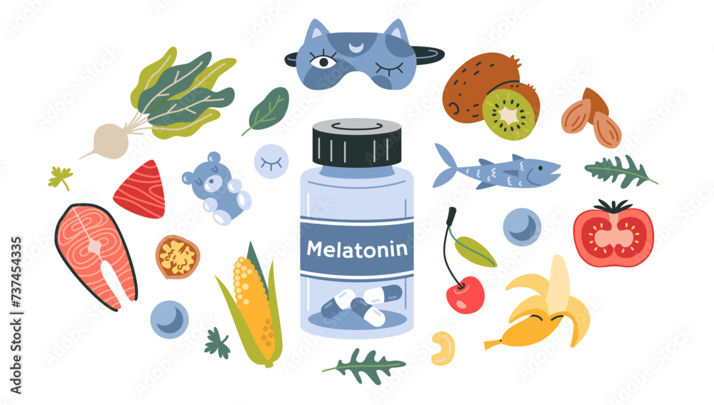 Melatonine Routine Cartoon A jar of Melatonin and foods best sources it. Fruits, vegetables and ...