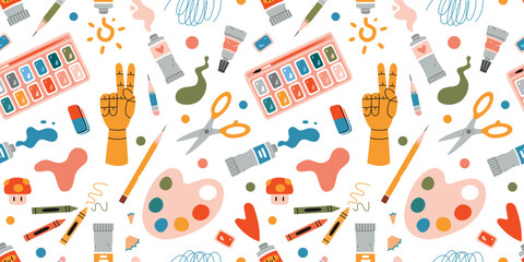 Seamless pattern with painting tools elements and art supplies like paint tubes, pencil and color palette. Isolated cartoon vector illustration on white background, hand drawn, flat design