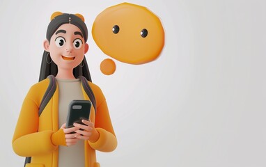 Poster - Illustration of 3d woman with a smart phone and speech bubble on white background