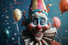Funny Clown On Background With Festive Balloons. Banner For April Fools Day
