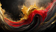 Vibrant swirls of gold and red paint explode in dynamic abstraction