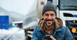 © ADDICTIVE STOCK - Smiling truck driver using smartphone by his vehicle Generative AI image