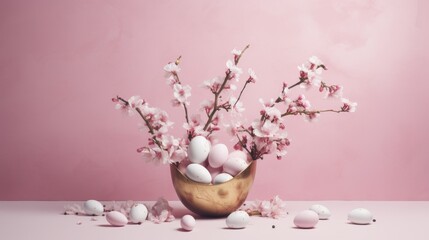 Wall Mural - decorative Easter composition with pink eggs, blooming sakura on a pink background