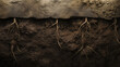 Tunnel wall of dirt and tangled roots, underground cross section background