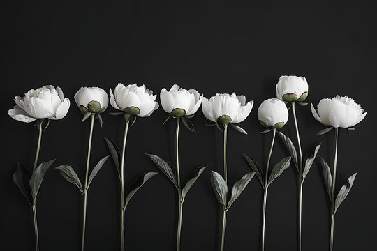 white peonies in a row in black background in the sty