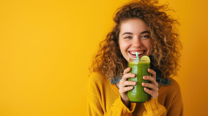 Wall Mural - smiling young woman holding a glass with smoothie on a color background, beautiful girl, healthy eating, drink, fruit cocktail, freshly squeezed juice, portrait, lifestyle, weight loss, detox, banner