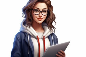 Wall Mural - A young woman with brown hair and glasses is smiling while holding a tablet.