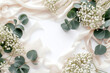 Feminine wedding desktop mockup, Gypsophila flowers, dry green eucalyptus leaves