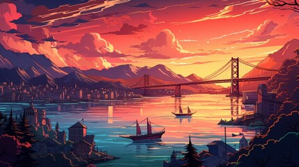 Canvas Print - vibrant sunset over calm sea and majestic mountains with a bridge in the foreground