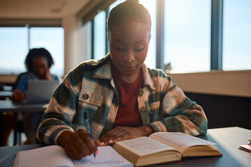 Wall Mural - Young black student learning for her upcoming exams at college classroom.