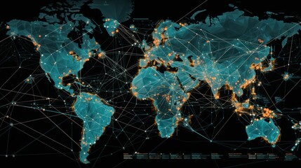 technology network world map on blue background, global communication network concept