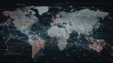 technology network world map on blue background, global communication network concept