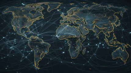 technology network world map on blue background, global communication network concept