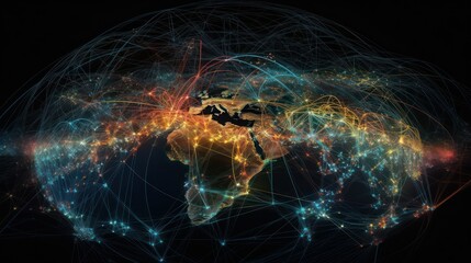 technology network world map on blue background, global communication network concept