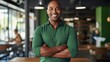 © Serhii - Successful African American Male Entrepreneur Laughing with Confidence in Casual Green Shirt