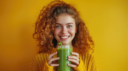 Wall Mural - smiling young woman holding a glass with smoothie on a color background, beautiful girl, healthy eating, drink, fruit cocktail, freshly squeezed juice, portrait, lifestyle, weight loss, detox, banner