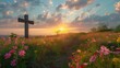 © olegganko - A picturesque Easter sunrise service setting, with a rustic wooden cross
